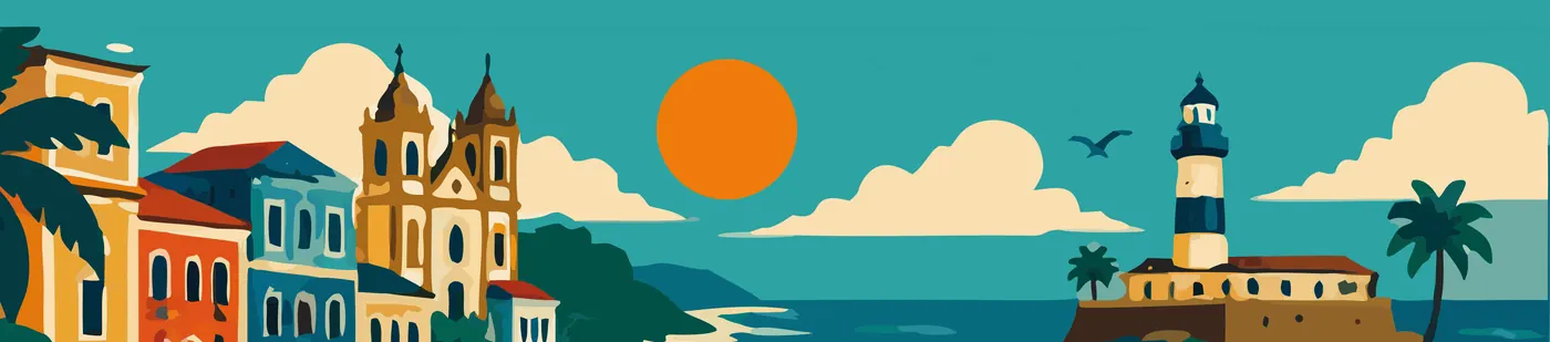 Ilustração flat de Salvador: casario colorido, igrejas, Farol da Barra e o mar