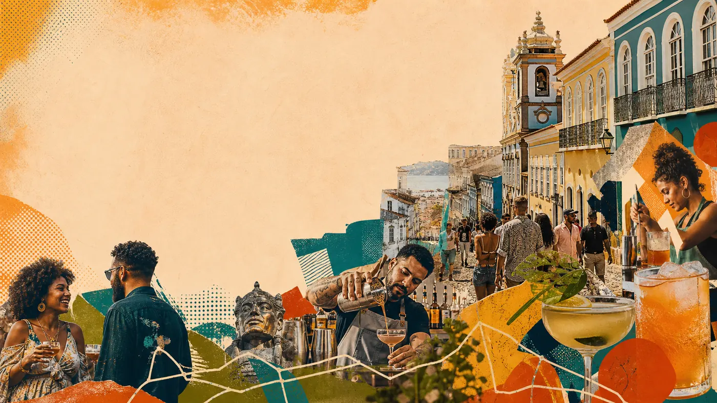 Colagem da festa de rua no Pelourinho, com bartender, público e o casario colorido do Centro Histórico