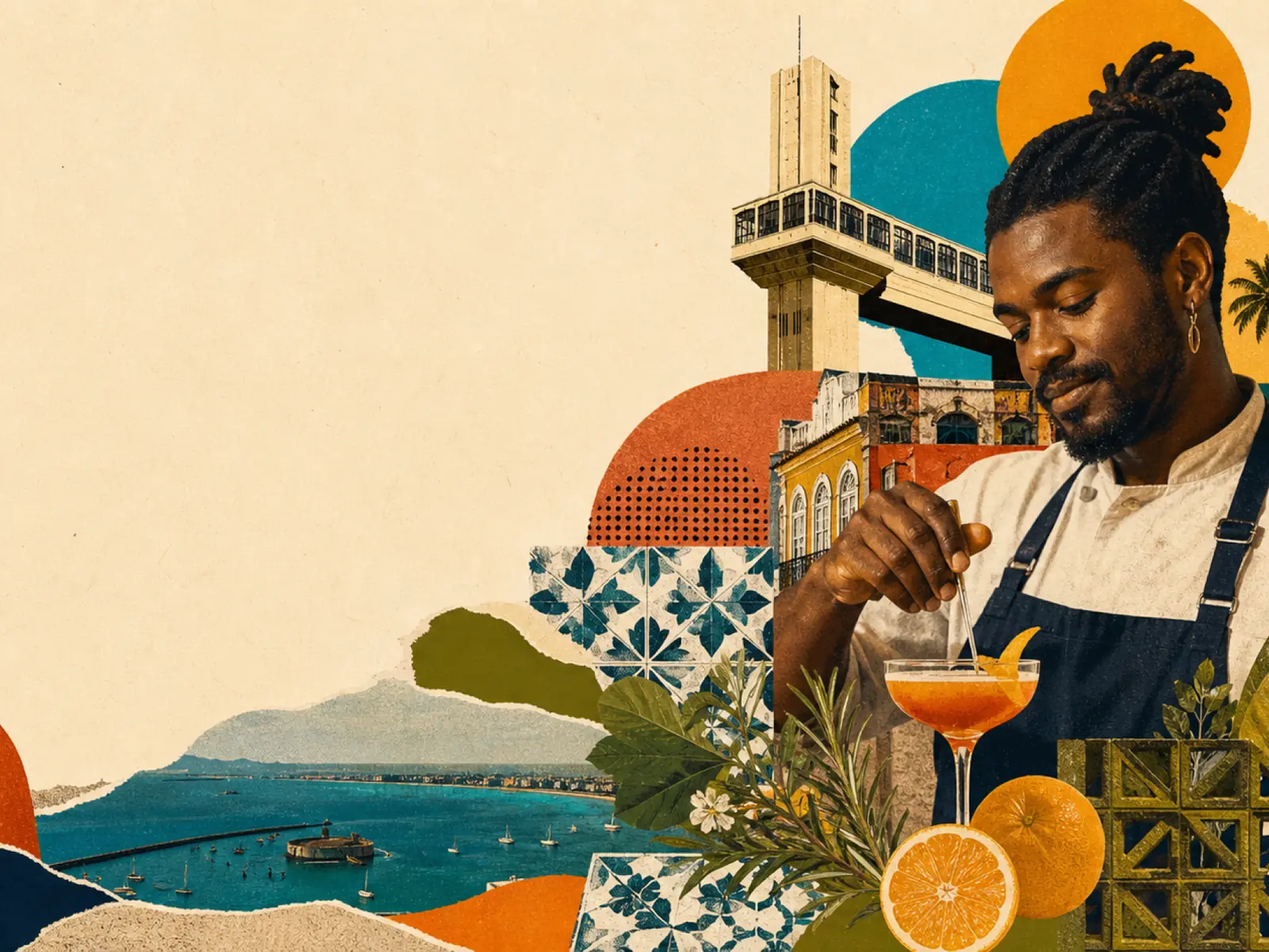 Colagem da identidade do festival: bartender finalizando um drink com o Elevador Lacerda e o casario de Salvador ao fundo